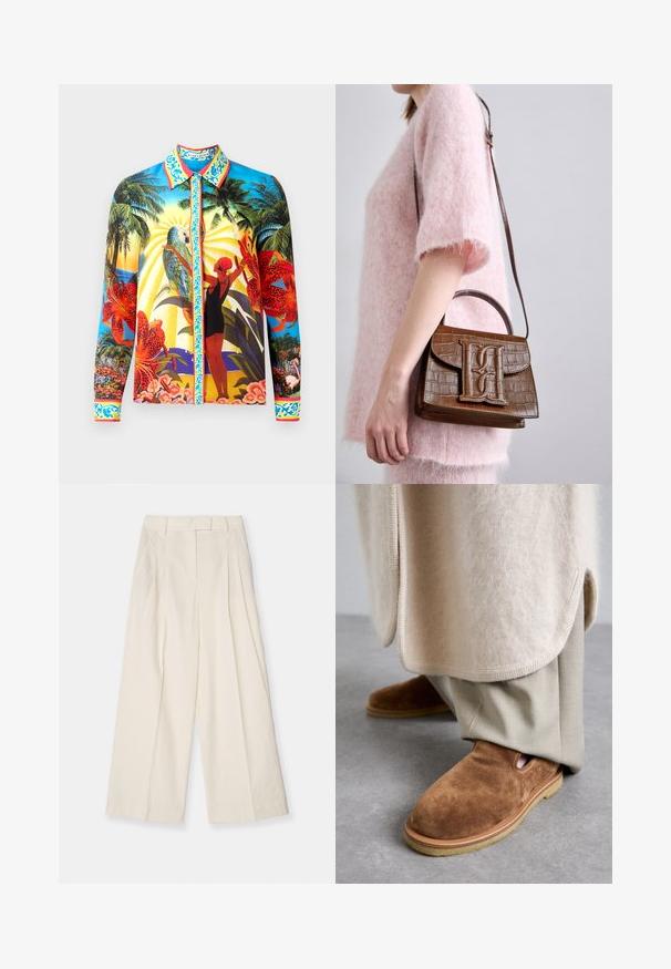 Srajca z dolgimi rokavi in gumbi iz gladkega materiala; vsebuje živahne tropske vzorce, kontrastni ovratnik in dekorativne akcenti ob gumbovni ploskvi.; Hlače širokega kroja iz teksturiranega bež materiala. Imajo visok pas s pregibi, zanke za pas in čist, minimalističen dizajn.; Rjave semiš copate z zaobljenim nosom, gumijastim podplatom in stranskimi izrezi, v kombinaciji s svetlo bež krojenimi hlačami.; Rjava torbica s krokodiljo embosiranjem, z zgornjim ročajem in naramnicami. Ima izstopajoč logotip na sprednjem pokrovu. Mehka tekstura.