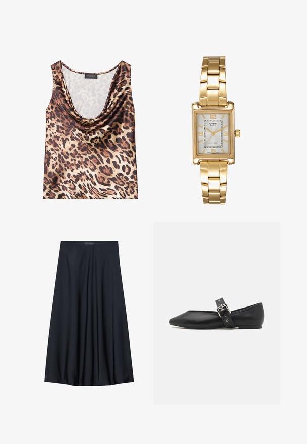 Top sem mangas com padrão de leopardo, decote drapeado, textura sedosa, esquema de cores marrom e bege, com manchas pretas marcantes e acabamento suave.; Saia preta, até aos joelhos, feita de tecido leve com um design fluido. Apresenta uma textura suave e pregas subtis para um detalhe adicional.; Sapato plano em couro preto com bico apontado, tira lateral com fivela prateada e um salto baixo. Textura suave e design minimalista.; Relógio de pulso retangular em tom de ouro com um mostrador branco, marcadores de horas em tom de prata e uma pulseira de metal resistente. Inclui função de resistência à água.