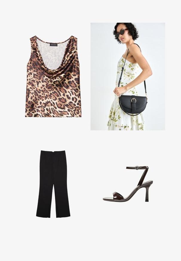 Top senza maniche a fantasia leopardata, scollo drappeggiato, texture setosa, schema di colori marrone e beige, con macchie nere audaci e finitura liscia.; Pantaloni neri a gamba dritta, con tasche frontali e spacchi laterali all'orlo. Realizzati in tessuto morbido e liscio. Adatti a diverse occasioni.; Sandalini con tacco alto in pelle verniciata marrone, con cinturino alla caviglia, punta aperta e un design elegante e minimalista. Presentano un tacco quadrato.; Borsa a tracolla nera in pelle con una forma curva, manico rimovibile e accessori dorati. La borsa presenta una patta con un dettaglio a fibbia.