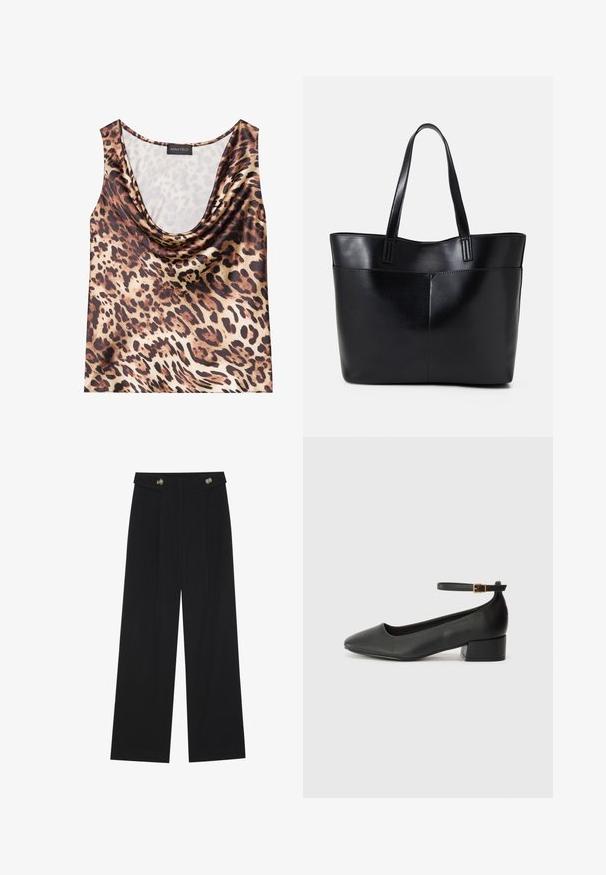 Top fără mâneci cu imprimeu de leopard, decolteu drapat, textură mătăsoasă, schema de culori maro și bej, cu pete negre îndrăznețe și finisaj neted.; Pantaloni negri cu picioare largi, talie înaltă, detalii cu butoane pe talie și pliseuri în față.; Pantof cu toc negru din piele, cu vârf ascuțit și toc mic pătrat. Dispune de o curea la gleznă cu o cataramă în tonuri de aur. Textură netedă.; Geantă oversized din piele neagră, cu două mânere lungi, de textură netedă și formă structurată. Are un buzunar frontal pentru stocare suplimentară.