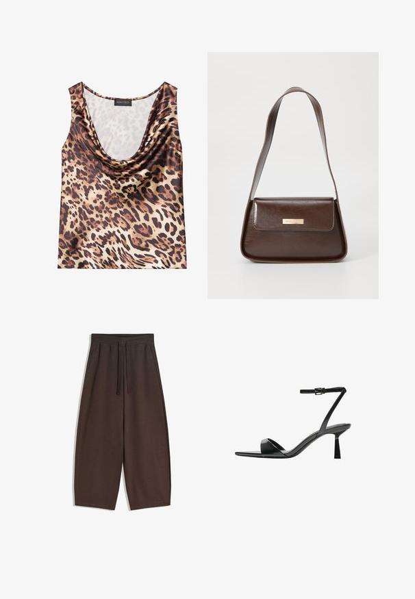 Leopardprint mouwloze top, gedrapeerde halslijn, zijdezachte textuur, bruin en beige kleurenschema, met gedurfde zwarte vlekken en een gladde afwerking.; Bruine broek met brede pijpen gemaakt van zacht materiaal, voorzien van een elastische tailleband en trekkoord, met een gladde textuur en een strak ontwerp.; Bershka Sandalen met hoge hak - black; Bruine leren schoudertas met een gestructureerde vorm, voorzien van een magnetische klepsluiting en een metallic logoaccent aan de voorkant.
