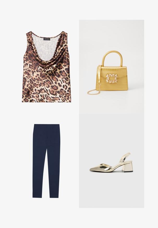 Leopardenmuster ärmelloses Oberteil, drapierter Ausschnitt, seidige Textur, in Braun- und Beigetönen, mit kräftigen schwarzen Flecken und glatter Oberfläche.; Marineblaue Hose aus glattem Stoff mit geradem Beinansatz und flachem Frontdesign. Keine sichtbaren Muster oder Akzente.; Goldene, metallische Slingback-Absätze mit spitzem Zeh und dicker Ferse. Glatte Textur, minimalistisches Design und ein schmaler Riemen.; Gelbe Kunstleder-Handtasche im Krokodil-Look mit strukturiertem Design, Obergriff, abnehmbarem Kettenriemen und dekorativer Kristallverzierung am Verschluss.