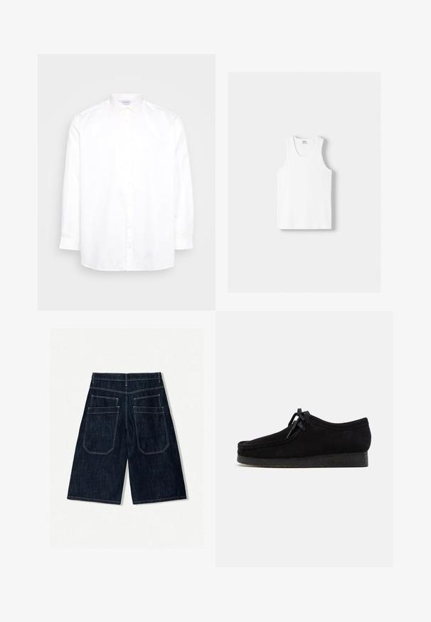 Witte lange mouwen knoopshirt van katoen. Heeft een puntige kraag en zes knopen aan de voorkant. Zachte textuur, normale pasvorm.; Witte katoenen tanktop met een ronde halslijn, brede schouderbanden en een rechte zoom, met een gladde textuur en zonder zichtbare patronen.; Donkerblauwe spijkerbroekshorts met een losse pasvorm, voorzien van twee achterzakken, contrasterende stiksels en een recht ontwerp.; Zwarte suède schoenen met een rond teenontwerp, een vetersluiting aan de voorkant en een gestructureerde zwarte rubberen zool. Gladde bovenkant met subtiele stikseldetails.