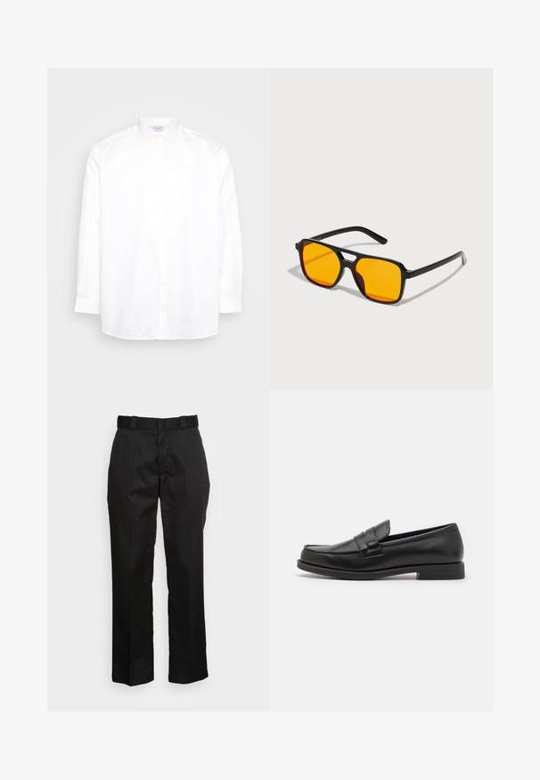 Biela košeľa s dlhým rukávom na gombíky z bavlny. Obsahuje špicatý golier a šesť gombíkov na prednej strane. Hladká textúra, klasický strih.; Čierne nohavice vyrobené z hladkej tkaniny, s rovnými nohavicami, pútka na opasok a dvoma bočnými vreckami. Klasický vzhľad bez ozdôb.; Čierne kožené mokasíny s elegantným dizajnom, zaoblenou špičkou, prešívaním a nízkym blokovým podpätkom. Hladký povrch a minimálne akcenty.; Čierne obdĺžnikové slnečné okuliare so výraznými oranžovými šošovkami. Majú jedinečný dizajn mostíka a štíhle ramienka, vyrobené z ľahkého materiálu.