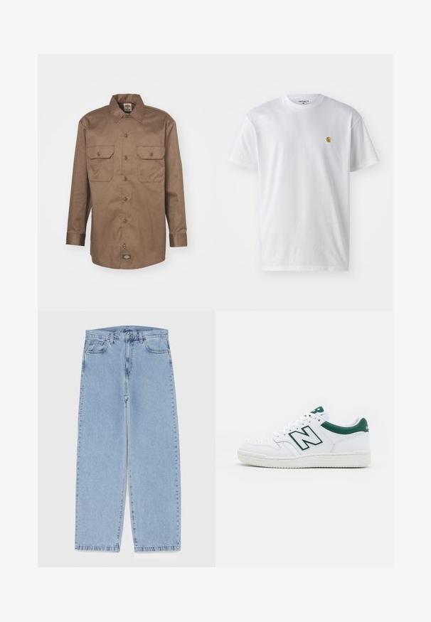 Dickies WORK - Overhemd - mushroom; Witte katoenen t-shirt met korte mouwen en ronde hals, voorzien van een klein gouden logo op de linkerkant van de borst. Zachte textuur en een normale pasvorm.; Lichtblauwe denim jeans met een recht model, voorzien van een middelhoge taille, vijf zakken en een knoop- en ritssluiting.; Witte sneaker met groene accenten, leren bovenwerk, geperforeerde teen, vetersluiting en gestructureerde rubberen zool. Heeft een prominent "N"-logo.