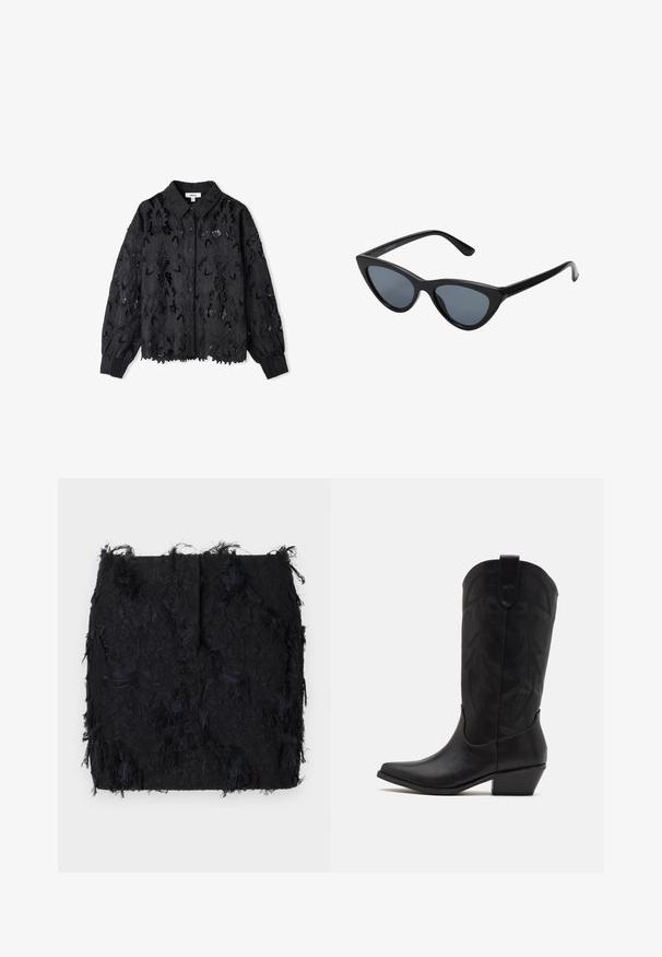 Černá krajková blůza s květinovými výřezy, límcem, zapínáním na knoflíky vpředu a zúženými rukávy. Texturovaná látka s otevřeným designem po celém povrchu.; Černá texturovaná sukně s vrstveným třásňovým designem a mírně nepravidelným lemováním, vyrobená z lehkého materiálu.; Černá kožená cowboyská bota s špičatou špičkou, nízkým hromadným podpatkem a složitým embosovaným listovým vzorem na holeni. Očko nahoře pro snadné obouvání.; Černé sluneční brýle ve stylu "cat-eye" s tmavě šedými skly, elegantním plastovým rámečkem, špičatými rohy a rovnými stranami. Bez viditelného kování nebo ozdob.; Burgundské kožené kabelka s zakřiveným tvarem, zlaté detaily na kovových prvcích a zipovým uzávěrem. Obsahuje odnímatelný ramenní popruh.