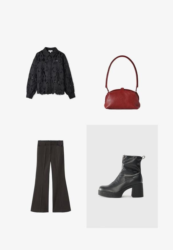 Černá krajková blůza s květinovými výřezy, límcem, zapínáním na knoflíky vpředu a zúženými rukávy. Texturovaná látka s otevřeným designem po celém povrchu.; Černé rozšířené kalhoty s vysokým pasem; mají dvě přední kapsy a hladkou texturu látky. Vhodné pro různé příležitosti.; Černé kotníkové boty vyrobené z hladké kůže, s bočním zipem, robustním strukturovaným podpatkem a kulatou špičkou.; Červená kožená kabelka s texturovaným povrchem, kulatým tvarem, krátkým uchem a uzávěrem na klopu. Jednoduchý design bez dalších ozdob.