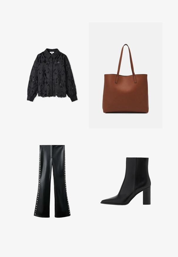 Schwarze Spitzenbluse mit floralen Ausschnitten, Kragen, Knopfverschluss vorne und schmal zulaufenden Ärmeln. Texturiertes Gewebe mit einem durchgängigen offenen Design.; Schwarze Fake-Lederhosen mit ausgestellten Beinen, seitlichen Nieten und einer glatten Textur. Entworfen mit einem eleganten Frontverschluss und ohne Taschen.; Schwarze Leder-Ankle Boots mit spitzem Zehenbereich, quadratischem Absatz, glatter Textur und Nähten entlang der Nähte. Die Absätze messen ungefähr 8,9 cm.; Braune Leder-Tote mit glatter Textur, offenem Oberteil und zwei Schulterriemen. Verfügt über minimale Nähte und keine sichtbaren Beschläge.