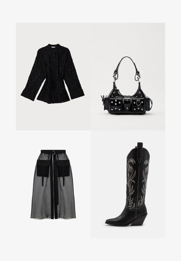 Holzweiler JENNA - Camicia - black; Gonna nera trasparente con una vita arricciata, dotata di due ampie tasche frontali, un laccetto in vita e un ornamento metallico circolare.; Stivali da cowboy in pelle nera con punte affusolate, tacchi a zoccolo e motivi floreali ricamati in argento lungo il gambale. Cuciture a contrasto in tutto lo stivale.; Borsa a mano in pelle nera con design curvo, caratterizzata da borchie argentate, una fibbia e due tasche laterali. Tracolla regolabile per diverse opzioni di trasporto.