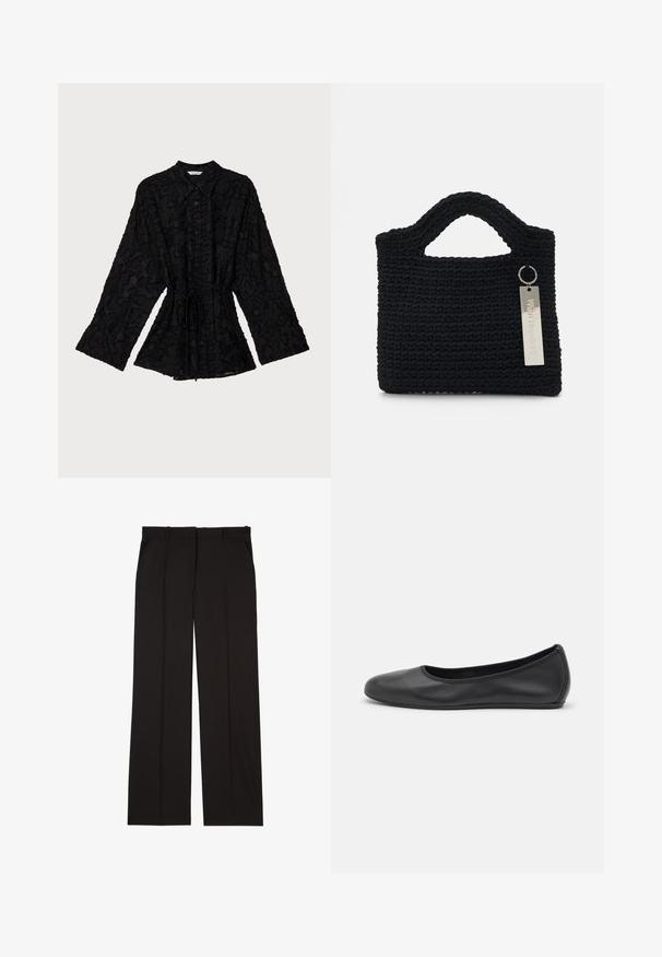 Holzweiler JENNA - Camicia - black; Pantaloni neri su misura realizzati in un tessuto liscio, con un design a gamba dritta e due tasche laterali. Costruzione elegante e minimalista.; Pantofole da balletto nere in pelle con punta arrotondata, texture liscia, dettagli di cucitura minimi e design con suola flessibile.; Won Hundred MARSIELLE COMPUTER BAG UNISEX - Borsa porta PC - black