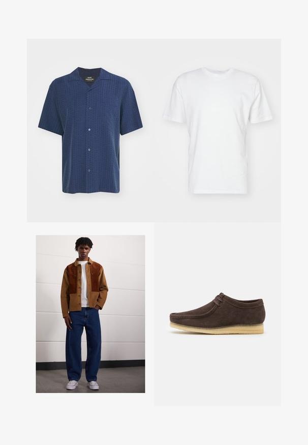 Kurzärmeliges Hemd in dunkelblau mit strukturierter Musterung, Knopfverschluss und Campkragen. Verfügt über eine Brusttasche und einen glatten Stoff.; Weißes Baumwoll-T-Shirt mit kurzen Ärmeln, Rundhalsausschnitt und glatter Textur. Einfaches Design ohne Muster oder Grafiken.; Mann steht drinnen und trägt eine braune Cordjacke mit Rostflecken, ein weißes T-Shirt, lockere blaue Jeans und weiße Sneakers.; Braune Wildlederschuhe mit glatter Oberfläche, runder Zehenform und minimalistischem Design. Verfügt über eine hellfarbene Gummisohle und kontrastierende Schnürdetails.