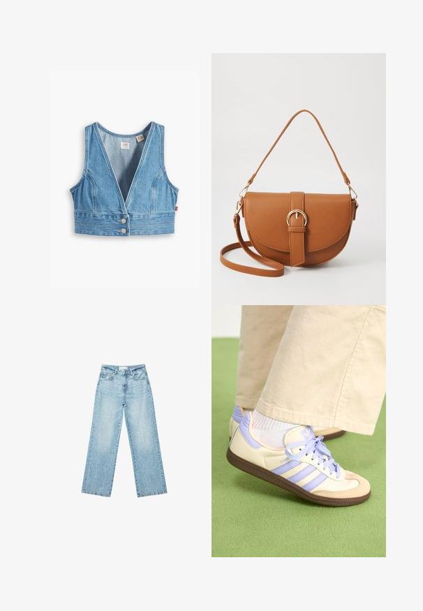 Svetlo modrá džínová skrátená vesta s výstrihom do V, bez rukávov, vertikálnymi švami a dvomi prednými detailmi s kovovými gombíkmi.; Svetlomodré džíny s širokými nohavicami a vysokým pásom, so zosvetlenou úpravou a malými, rozptýlenými poškodenými detailmi po celom obvode.; Krémovo-fialové tenisky so tromi pruhmi a štruktúrovanou hnedou podrážkou, s šnúrkami a polstrovaným opätkom. Mäkký textilný zvršok.; Hnedá kožená kabelka cez telo s zakriveným tvarom, zlatými kovovými doplnkami a akcentom s prackou. Obsahuje odnímateľný ramenný popruh.