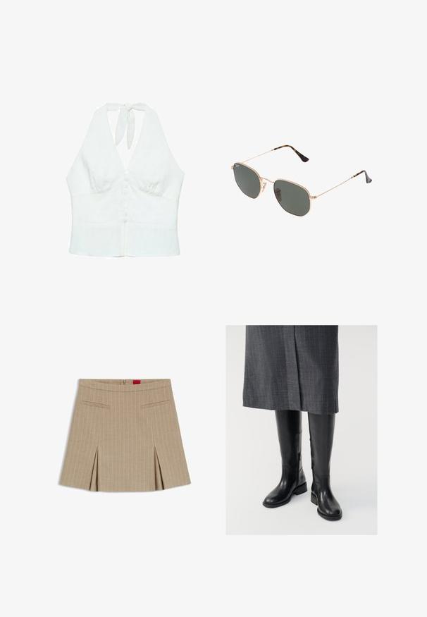 Witte linnen haltertop met een diepe V-hals, knoopsluiting aan de voorkant en een striksluiting bij de hals. Soepele textuur, aansluitend ontwerp.; Witte t-shirt met korte mouwen, gemaakt van zachte katoen, met een ronde halsline en raglanmouwen. Het heeft een ontspannen, rechte snit en is zonder patronen.; Beige broekrok met streepjes en een recht model, voorzien van zijzakken en een geplooide onderrand. Gemaakt van een gladde stof met ritssluiting.; Zwarte leren laarzen tot de knie met een gladde textuur, zijritsen en een platte zool. De laarzen hebben een gestructureerde schacht en minimale hardware.; Gouden metalen zonnebril met donkergroene lenzen, aviator-stijl, met slanke scharnieren en schildpad-accenten op de uiteinden.; Bruine suede handtas met een gebogen vorm, leren accenten, gouden hardware en een ritssluiting. Heeft een opvallende logo plaat.