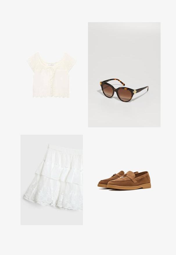 Mango PRETTY - Blouse - off-white; White tiered skirt made of lightweight fabric, featuring a ruffled design and floral lace trim at the hem. Elastic waistband.; Brown suede loafers with a flat sole, featuring a decorative bow and subtle stitching accents. Rounded toe design.; Tortoiseshell sunglasses with a butterfly shape, gradient brown lenses, and gold accents on the front, featuring slender arms with a glossy finish.