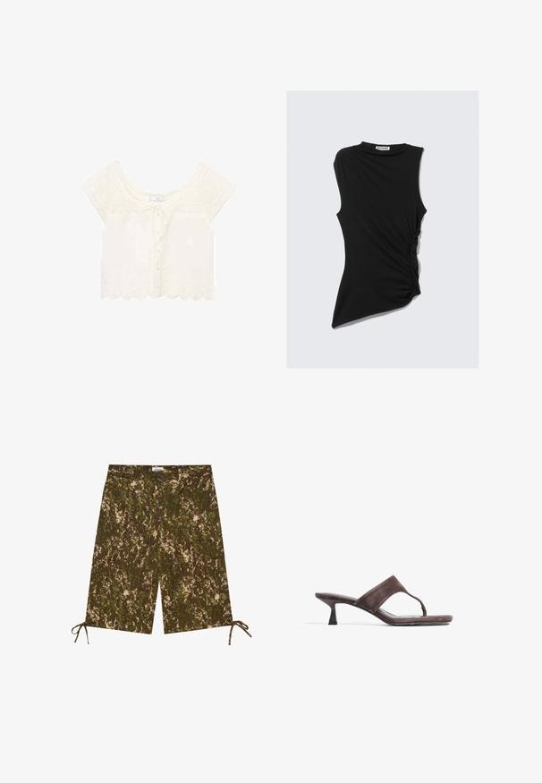 Mango PRETTY - Blouse - off-white; Haut noir sans manches avec un détail froncé sur le côté et un ourlet asymétrique. Fabriqué en tissu doux et extensible. Encolure ronde.; Shorts à imprimé camouflage dans des tons de vert et de marron, fabriqués dans un matériau léger, dotés de poches latérales et de liens ajustables à l'ourlet.; Sandales à glissière en daim marron avec une sangle en T, un petit talon et une semelle lisse et plate. Design minimaliste avec une silhouette épurée.