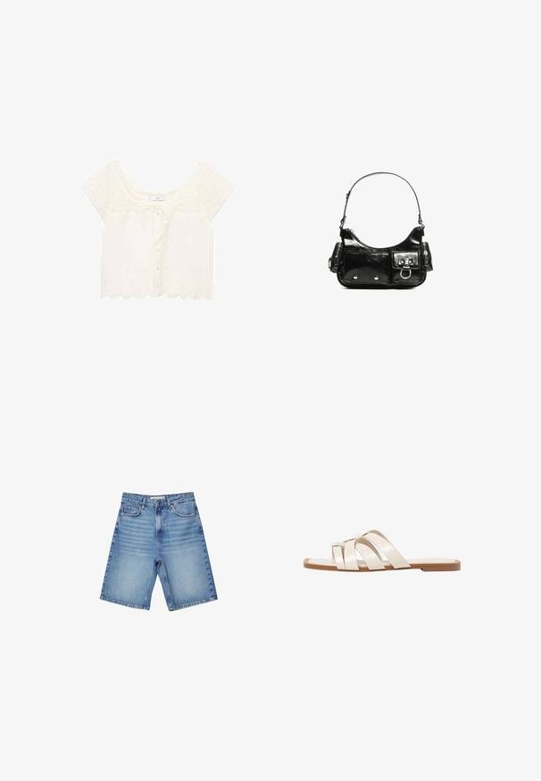 Mango PRETTY - Blouse - off-white; Lichte blauwe denimshorts met een klassieke vijf-pocketontwerp, een ritssluiting en subtiele vervaging. Rechte snit met afgewerkte randen.; Vlakke sandalen met een tan rubberen zool, ontworpen met drie overlappende witte leren banden en een kleine strikdetail in het midden.; Zwarte laarzen in lakleer met een gebogen vorm, één schouderband, voorvakken en accenten in zilverkleurig metaal.