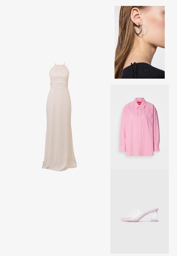 Pink button-up shirt featuring white vertical stripes, a chest pocket, and long sleeves with buttoned cuffs. Constructed from lightweight fabric.; Long, halter-neck dress in soft, cream fabric. Smooth texture, fitted bodice, and flowing skirt with a slight train. Minimalist design.; Lilac heeled mules with a clear plastic upper and a transparent block heel. Smooth texture, open toe design, minimalistic shape.; Beaded handbag featuring vibrant colors: pink, orange, blue, and brown. Textured surface with circular beads and organic shapes, sturdy handles.; Silver hoop earring with a polished finish, featuring small gold accent details and a round shape, worn on the lobe.