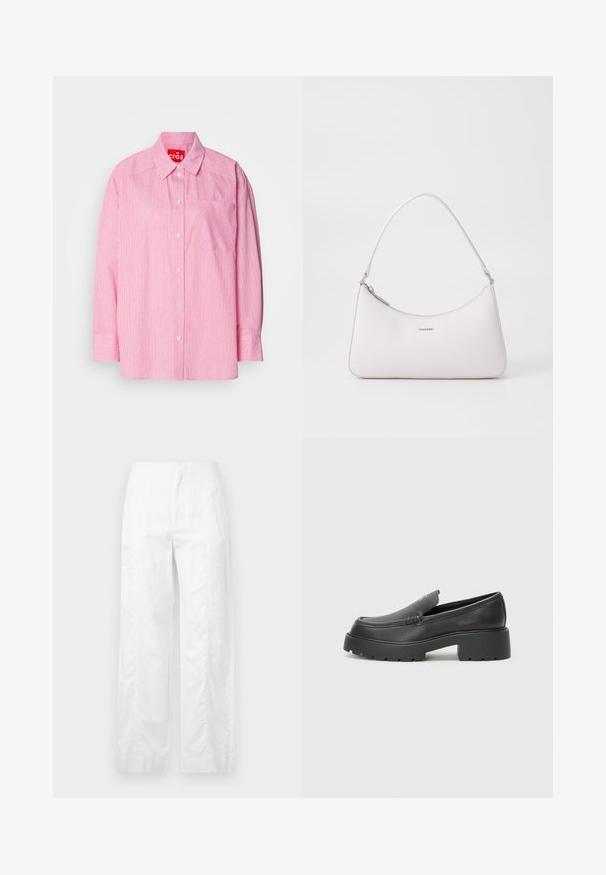 Rosa Button-up Hemd mit weißen vertikalen Streifen, einer Brusttasche und langen Ärmeln mit knöpfbaren Manschetten. Aus leichtem Stoff gefertigt.; Weiße, weit geschnittene Hosen aus leichtem Stoff, mit glatter Textur, klaren Linien und einem Hochbund-Design.; Schwarze Lederloafer mit einer abgerundeten Spitze, dicker strukturierten Laufsohle und minimalen Nähten. Schlankes Design ohne sichtbare Schnürsenkel oder Beschläge.; Rosa Leder-Schultertasche mit geschwungenem Design, Reißverschlussverschluss und silberfarbenen Hardware-Akzenten. Minimalistisches Logo auf der Vorderseite.