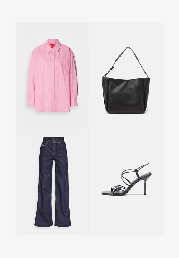 Lyserød button-up skjorte med hvide vertikale striber, en brystlomme og lange ærmer med knapmanchetter. Fremstillet af letvægtsstof.; Mørkeblå bredbenede jeans i denimstof med høj talje, prydet med orange stikninger, fem-lomme design og knaplukning.; Sorte højhælede sandaler med tynde stropper og en knyttet design, en glat firkantet tå og en slank stiletto hæl.; Calvin Klein GRACIE MEDIUM - Håndtasker - black; Sølv hoop ørestik med en poleret overflade, prydet med små guld accenter og en rund form, båret på øreflippen.