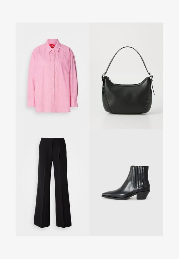 Roze overhemdd met witte verticale strepen, een borstzak en lange mouwen met knoopmanchetten. Gemaakt van lichtgewicht stof.; Zwarte broeken van soepele stof, met een hoge taille, wijde pijpen en twee plooien aan de voorkant voor extra ontwerpelementen.; Zwarte leren enkellaars met spitse neus, elastische zijpanelen met verticale groeven en een lage blokhak. Glad oppervlak en slank ontwerp.; Zwarte leren handtas met een gebogen vorm, zilveren rits en een korte handgreep. Bevat een subtiel logo aan de voorkant en een gladde textuur.