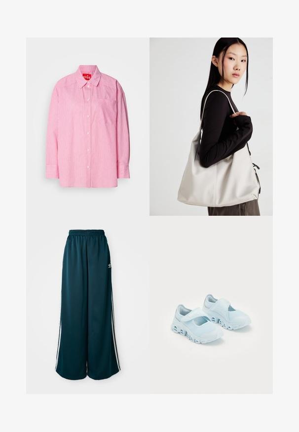 Camicia rosa con bottoni, caratterizzata da righe verticali bianche, una tasca sul petto e maniche lunghe con polsini abbottonati. Realizzata in tessuto leggero.; Pantaloni della tuta ampi blu petrolio con vita elastica, caratterizzati da tre strisce bianche lungo i lati e un logo Adidas sul lato sinistro.; Sneakers azzurri chiari con tessuto in rete, ritagli prominenti nella suola e una striscia in Velcro sulla parte superiore per una vestibilità sicura.; Borsa a mano beige realizzata in materiale morbido, caratterizzata da un design morbido, dettagli cuciti e due manici. Adatta per l'uso quotidiano.