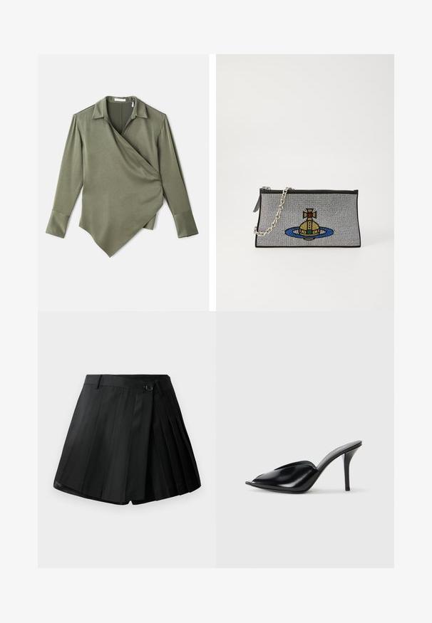 Oliivroheline mähkbluus, mis on valmistatud siledast kangast. Omab kraega kaelust, pikki varrukaid ja asümmeetrilist alla.; Mustad mustriga mustad lühikesed püksid, millel on lame esiosa, nööbkinnitus ja kerge kangas. Kaunistatud teravate voldidega ja puhta äärisega.; Mustad nahast kõrge kontsaga mulad avatud varbaga, terava disainiga, siledapinnalised ja kitsaste stilettokontsadega.; Mustmustrahv, millel on hõbedane kett, esitleb värvikat helmestest kujundust, kus on kollane allveelaev, mis on ümbritsetud sinise ringiga.