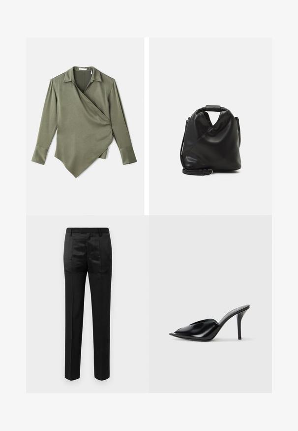 Olívazöld, sima anyagból készült átkötős blúz. Galléros nyakkal, hosszú ujjakkal és aszimmetrikus alsó résszel rendelkezik.; Fekete, egyenes lábú, szabott nadrág övvel ellátott derékkal, matt és fényes anyagpanelek kombinációjával.; Fekete bőr, nyitott orrú, hegyes kialakítású, sima textúrájú, és karcsú tűsarokkal rendelkező magassarkú mules.; Fekete, puha bőr táska egyedi csavaros dizájnnal. Rövid fogantyúval és levehető vállpánttal rendelkezik. Minimalista stílusú.