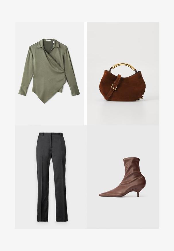 Blouse cache-coeur vert olive en tissu lisse. Présente un col rabattu, des manches longues et un ourlet asymétrique.; Pantalons noirs sur mesure fabriqués dans un tissu lisse. Présentent une coupe droite, un devant plat et des détails de pli subtils.; Bottine marron à bout pointu avec un talon kitten de hauteur intermédiaire et une tige en cuir doux et lisse sur fond clair.; Sac à main en daim marron avec une poignée incurvée en métal doré, une bandoulière ajustable et une texture douce. Il présente un design minimaliste sans matériel visible.