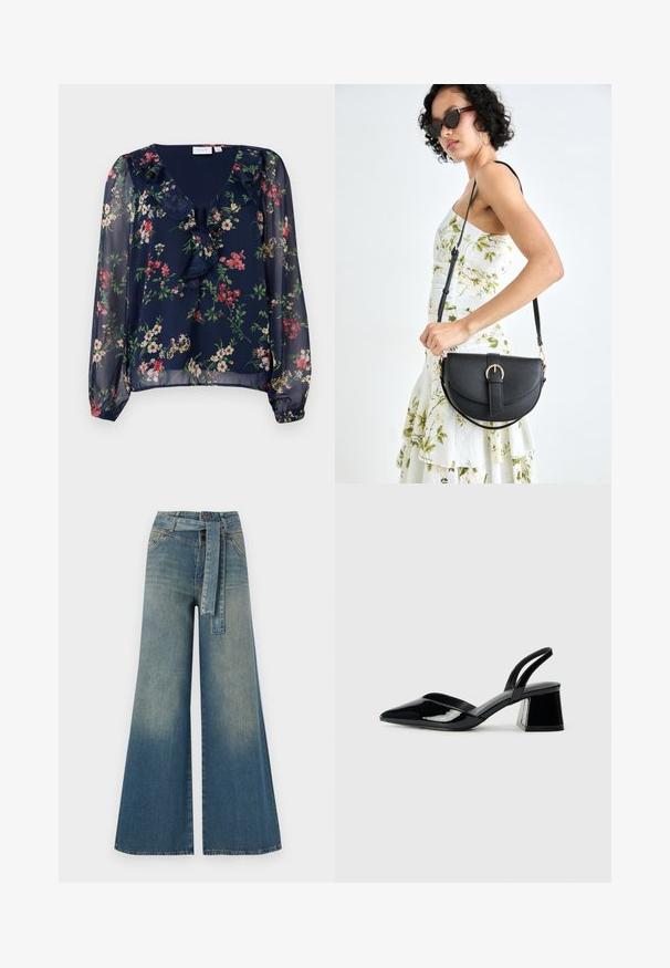 Bluză semitransparentă, bleumarin, cu imprimeu floral. Prezintă o decolteu în formă de V, detalii cu volane și mâneci lungi, umflate, cu manșete elastice.; Pantaloni din denim largi, cu un gradient de la albastru deschis la albastru închis, talie înaltă, bucle pentru curea și o curea din același material. Finisaj texturat din denim.; Pantofi cu toc slingback din piele lacuită neagră, cu vârf ascuțit și toc geometric. Prezintă un design elegant, minimalist și o textură netedă.; Geantă din piele neagră, cu o formă curbată, curea detașabilă și accesorii aurii. Geanta are un capac cu un detaliu tip cataramă.