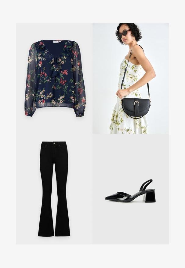Mørkeblå, gennemsigtig bluse med blomsterprint. Har en v-halsudskæring, flæse detaljer og lange, puffede ærmer med elastiske manchetter.; Sorte højtaljede jeans med knap- og lynlåslukning, forlommer og flagrende ben, lagt fladt på en hvid baggrund.; Sorte patentlæder slingback hæle med spids tå og en geometrisk blok hæl. Har et elegant, minimalistisk design og en glat tekstur.; Sort læderhåndtaske med en buet form, aftagelig rem og guldfinish. Tasken har en klap med en spænde detalje.