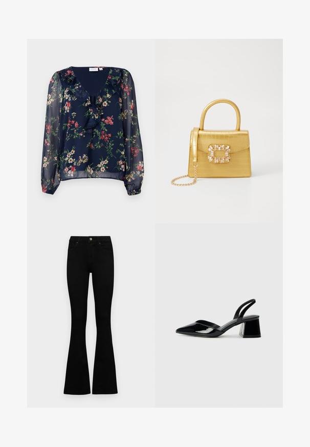 Tamsiai mėlynas, permatomas bluzonas su gėlių raštu. Sukurtas V formos iškirpimo, su raukiniais ir ilgomis, pūstomis rankovėmis su elastinėmis apykaklėmis.; Juodos aukšto liemens džinsai su mygtuku ir užtrauktuku, priekinėmis kišenėmis ir platėjančiomis kojomis, išdėstyti ant baltos fono.; Juodos lakuotos odinės šlepetės su smailiu pirštu ir geometriniu bloko kulnu. Turi elegantišką, minimalistinį dizainą ir lygų paviršių.; Geltonas dirbtinės krokodilo odos rankinukas su standžiu dizainu, viršutine rankena, nuimamu grandininiu dirželiu ir dekoratyviniu krištolo papuošimu ant užsegimo.