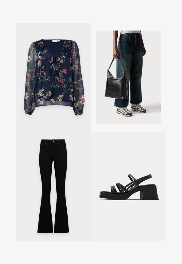 Marineblå, gjennomsiktig bluse med blomstermønster. Har v-hals, volangdetaljer og lange, puffede ermer med elastiske mansjetter.; Sorte høytlivsjeans med knapp og glidelås, frontlommer og utsvingte bein liggende flatt på en hvit bakgrunn.; Sorte hælede sandaler med flere tynde stropper og en bred blokhæl. Slank design med en mat tekstur. Sål har en let kurve.; Sort skinnveske med en glatt tekstur og justerbar stropp, kombinert med falmede vide jeans og atletiske sneakers.
