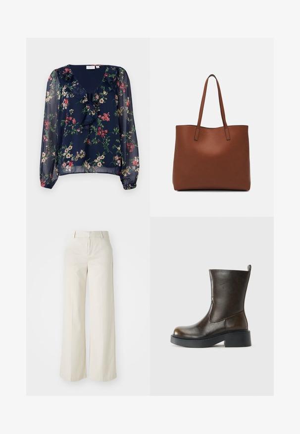 Laivansinis, läpikuultava paita, jossa on kukkakuosi. Ominaisuuksiin kuuluvat V-pääntie, röyhelöyksityiskohtia sekä pitkät, puffimaiset hihat, joissa on elastiset hihansuut.; Tilavat housut vaaleassa beigeissä sävyissä, valmistettu sileästä kankaasta. Ominaisuuksina klassinen vyötäröosa ja litteä etuosa, joissa on puhtaat linjat.; Tummanruskea keskipituinen nahkasaapas pyöreällä varvaskappaleella, paksulla mustalla pohjalla, matalalla blokkikannalla ja vetotapilla takana.; Ruskea nahkainen olkalaukku, jossa on sileä pinta, avoin yläosa ja kaksi olkahihnaa. Omaavat vain minimaalisen ompelun eikä näkyvää metalliosaa.