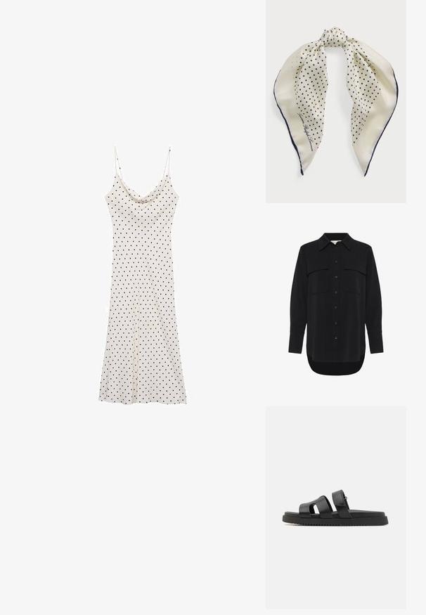 My Essential Wardrobe SILLE HACE - Camicia - black; Vestito senza maniche in tessuto morbido e leggero; fondo crema con pois neri; scollatura drappeggiata e silhouette fluida.; Sandali neri in pelle con due fasce larghe, design aperto sulla punta e una spessa suola in gomma nera caratterizzata da un motivo testurizzato e rigato.; Foulard di seta con sfondo crema e pois blu navy, annodato al centro; bordo blu navy; include il testo "Lauren Ralph Lauren."; Borsa a spalla intrecciata nera con parte superiore arrotondata, cuciture laterali e due manici intrecciati. Presenta un motivo testurizzato e un ampio interno.