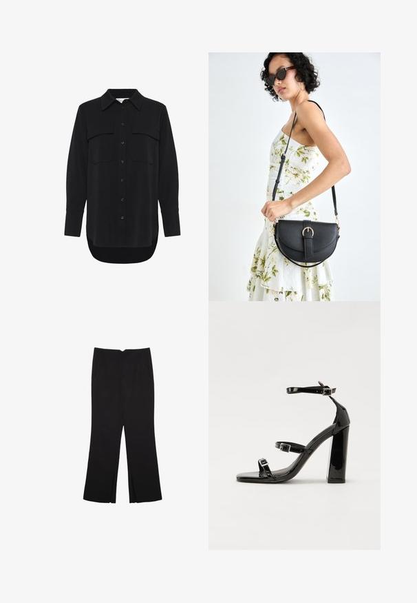 My Essential Wardrobe SILLE HACE - Bluza z gumbi - black; Črne hlače ravnega kroja z naglavnimi žepi in stranskimi razporki na robu. Narejene iz mehke, gladke tkanine. Primerne za različne priložnosti.; Črne lakirane sandale s peto, kvadratnim prstom, trakovi okrog gležnja in srebrnimi zaponkami. Opremljene so s stabilno Debelo peto.; Črna usnjena torbica s ukrivljeno obliko, z odstranljivo naramnico in zlatimi dodatki. Torbica ima pokrov s podrobnostmi v obliki zaponke.