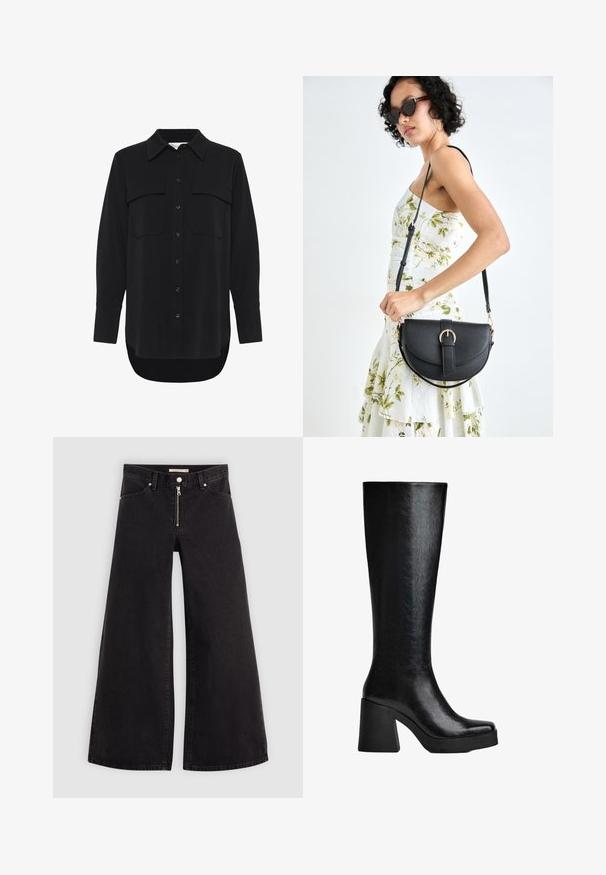 My Essential Wardrobe SILLE HACE - Košilová halenka - black; Džíny s širokými nohavicemi v černém denimovém provedení se zipem vpředu, pěti kapsami a jemnými švy. Hladká textura a ležérní styl.; Černé vysoké kozačky vyrobené z texturovaného syntetického materiálu, se čtveratou špicí, širokým vysokým podpatkem a hladkým, elegantním povrchem.; Černá kožená kabelka s křivkovým tvarem, odnímatelným popruhem a zlatými detaily. Kabelka má klopu s přezkou.