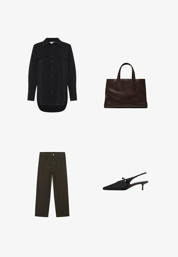 My Essential Wardrobe SILLE HACE - Košilová halenka - black; Tmavě zelené široké džínsy vyrobené z bavlněné směsi, s předním zapínáním na knoflík, pěti kapsami a klasickým denimovým stehem.; Černé slingback podpatky s špičatou špičkou, texturovaný síťovaný svršek, úzký nastavitelný pásek se stříbrnou sponou a 5 cm jehlové podpatky.; Hnědá kožená taška přes rameno s dvěma dlouhými uchy, strukturální obdélníkový tvar, hladká textura a jemné švy.