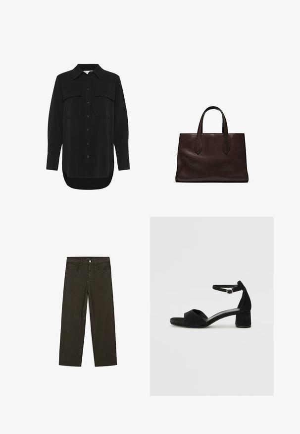 My Essential Wardrobe SILLE HACE - Košilová halenka - black; Tmavě zelené široké džínsy vyrobené z bavlněné směsi, s předním zapínáním na knoflík, pěti kapsami a klasickým denimovým stehem.; Černé sametové sandály na podpatku s tenkým řemínkem kolem kotníku, otevřenou špičkou a skromným blokovým podpatkem. Hladká textura a minimální akcenty.; Hnědá kožená taška přes rameno s dvěma dlouhými uchy, strukturální obdélníkový tvar, hladká textura a jemné švy.