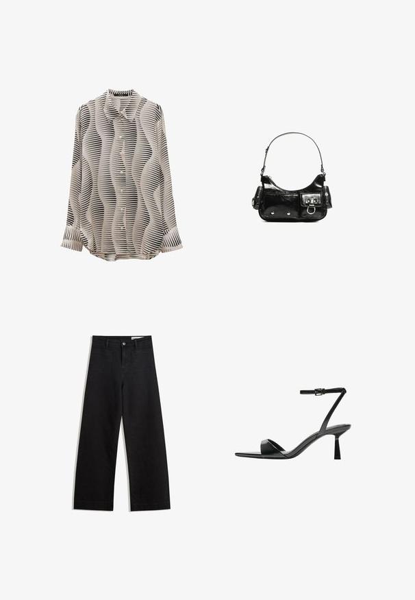 Long-sleeve blouse in smooth fabric featuring a cream base with black wavy stripes, button-down front, and a classic collar design.; Black wide-leg denim pants with a high waist, featuring front and back pockets, stitched seams, and a button closure. Smooth texture.; Bershka High heeled sandals - black; Black patent leather handbag with a curved shape, one shoulder strap, front pockets, and silver-tone hardware accents.