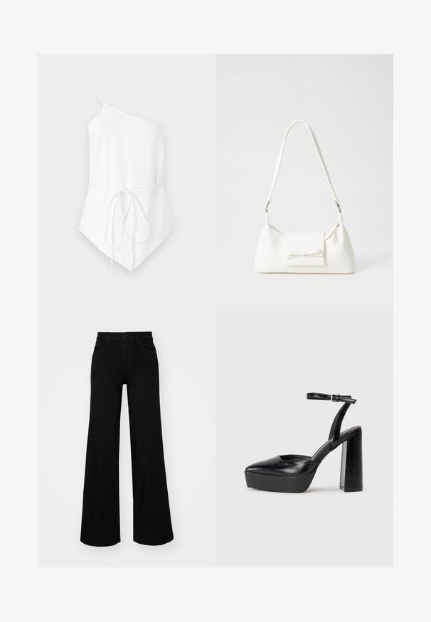 Egyszerű, egyvállas fehér felső könnyű anyagból. Derékon megkötős rész található, és aszimmetrikus szegéllyel rendelkezik. Sima textúra.; Fekete, bő szárú farmernadrág, amelynek állítható derékrésze van, övhurkokkal és elülső zsebekkel. Simaság jellemzi, klasszikus dizájnnal.; Fekete platform magassarkú cipők hegyes orral és állítható bokapánttal. Sima bőrből készült, vastag talppal.; Fehér szintetikus kézitáska, háromszög alakú, lapos előlap, masni részlettel, állítható pánttal, sima textúrával és minimalista dizájnnal.