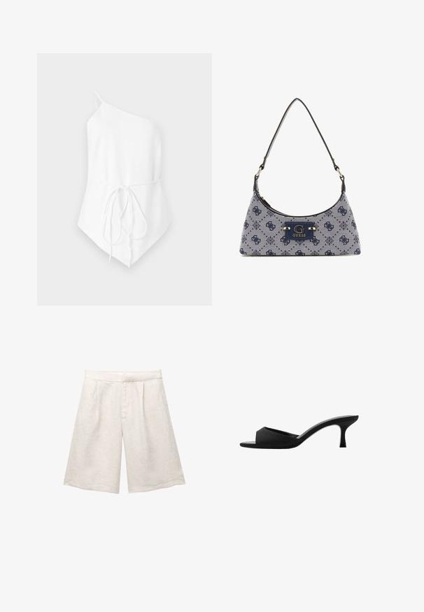 Haut blanc à une épaule en tissu léger. Présente un détail noué à la taille et un ourlet asymétrique. Texture lisse.; Shorts en lin beige avec une jambe large, présentant des plis à l'avant et une taille lisse. Le tissu a une finition légèrement texturée.; Mules noires à talons avec un large bout ouvert et un dessus incurvé. Fabriqués en tissu texturé, avec un talon mince et une semelle lisse.; Sac à main de style hobo en tissu bleu marine avec un motif en losange, comprenant une plaque logo et une bandoulière lisse. Surface texturée.