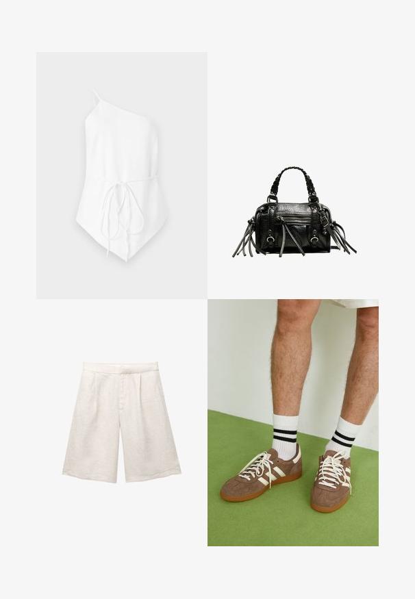 Biely top na jedno rameno vyrobený z ľahkej látky. Má viazanie v oblasti pása a asymetrický lem. Hladká textúra.; Béžové ľanové šortky so širokými nohavicami, s prednými záhybmi a hladkým pásom. Tkanina má jemne textúrovaný povrch.; Hnedé zamatové tenisky s bielymi akcentmi a šnúrkami. Gumová podrážka. Nosené s bielymi ponožkami so čiernymi pruhmi. Zelená textúrovaná podlaha.; Čierna kožená kabelka s pletenými uchami, textúrovaným povrchom, zipsovým predným vreckom a dekoratívnymi strapcami. Kompaktne tvarovaná a štruktúrovaná.