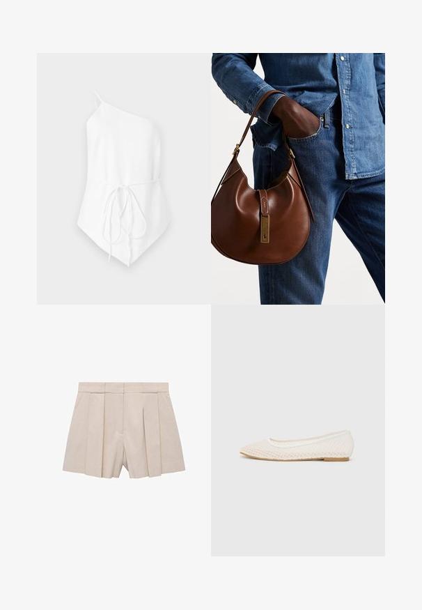 Ein trägerfreies, weißes Oberteil aus leichtem Stoff. Verfügt über eine Bindeschleife an der Taille und einen asymmetrischen Saum. Glatte Textur.; Beige gefaltete Shorts mit taillierter Passform, hoher Taille und glatter Textur. Vier vorn gelegte Falten erzeugen Volumen. Keine Taschen.; Weiße flache Schuhe mit einem Netzdesign, spitz zulaufender Zehenpartie und einer niedrigen, flachen Sohle. Strukturiertes Obermaterial mit einem glatten Innenfutter und subtilen Kontrastakzenten.; Braune Leder-Hobo-Tasche mit runder Form, ausgestattet mit goldenen Hardware-Details und kontrastierenden Nähten. Kombiniert mit einem Jeanshemd und Jeans.
