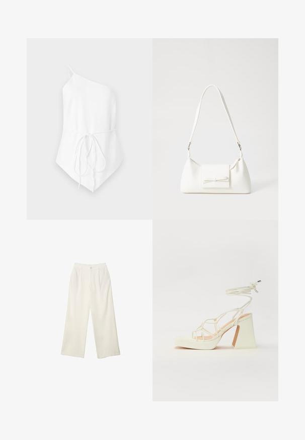 Bijela bluzica s jednom naramenicom izrađena od lagane tkanine. Ima detalj vezanja u struku i asimetričnu donju ivicu. Glatka tekstura.; Hlače širokih nogavica od kremaste tkanine s glatkom teksturom, s jednim prednjim gumbom, suptilnim plitvicama i visokim strukom.; Bijela sandala na visokoj potpetici s debelim petom, s remenom i vezanjem oko gležnja. Glatka tekstura s platformom sprijeda za dodatnu visinu.; Bijela sintetička torbica s trokutastim oblikom, ravnim prednjim poklopcem i detaljem u obliku mašne, podesivom remenom, glatkom teksturom i minimalističkim dizajnom.