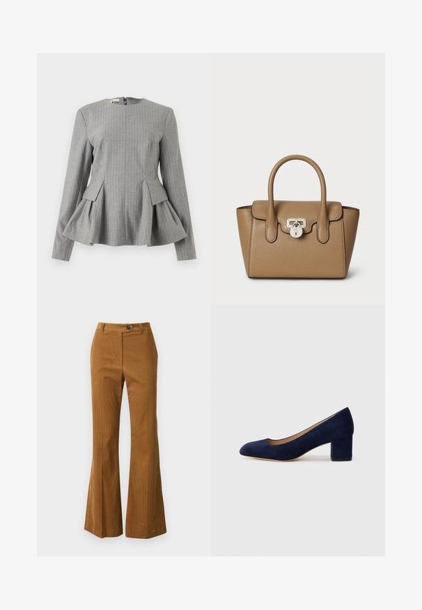 Sivi peplum top s vertikalnim bijelim crtama, strukturirani dizajn, okrugli izrez, dugi rukavi i zatvaranje s rajsferšlusom straga. Teksturirana tkanina.; Smeđe široke hlače napravljene od teksturiranog materijala, koje imaju kopčanje na dugme i jednostavan dizajn struka.; Tamno plava suede salonka s šiljastim vrhom i blok petom srednje visine. Glatka tekstura s blagim sjajem i malim izrezom sprijeda.; Lauren Ralph Lauren PEBBLED LEATHER SMALL TANNER SATCHEL - Ručna torba - camel