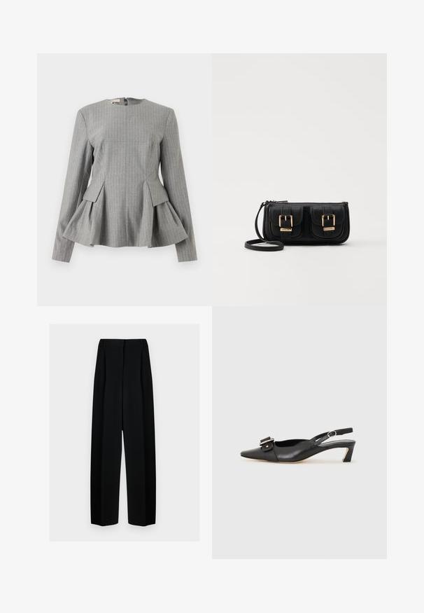 Grijze peplumtop met verticale witte strepen, gestructureerd ontwerp, ronde halslijn, lange mouwen en ritssluiting aan de achterkant. Getextureerde stof.; Zwarte wijde broek met een hoge taille, met plooien en een gladde textuur. De stof lijkt lichtgewicht en valt elegant.; Zwarte leren slingback schoen met scherpe neus, kleine hak en decoratieve gespdetails op de bovenkant. Stijlvolle textuur, minimalistisch ontwerp.; Zwarte leren schoudertas met twee vo pockets, gouden gespen, ritsluiting en een smalle band. Tekstuur oppervlak en compacte rechthoekige vorm.
