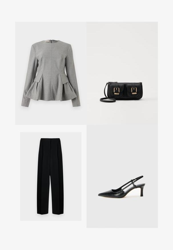 Pilkas peplumo tipo viršus su vertikaliomis baltomis juostelėmis, struktūrizuota konstrukcija, apvalus iškirpimas, ilgos rankovės ir užtrauktukas nugaroje. Textūruota medžiaga.; Juodos plačios kelnės su aukštu liemeniu, su klostėmis ir glotnia tekstūra. Medžiaga atrodo lengva ir dailiai krenta.; Juodai lakuoti slingback aukštakulniai su smailiu nosiu, su tekstūruotu gyvatės raštu, reguliuojama juosta ir trumpu, tekstūruotu blokiniu kulnu.; Juodas odinis per petį nešiojamas krepšys su dviem priekiniais kišenėmis, auksiniais sagtimis, užtrauktuko uždarymu ir siauromis petnešomis. Textūruota paviršius ir kompaktiškas stačiakampis formatas.