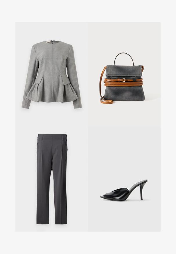 Grå peplum-top med lodrette hvide striber, struktureret design, rund halsudskæring, lange ærmer og lynlås i ryggen. Tekstureret stof.; Grå skræddersyede bukser med lige ben, frontfolder og dekorative sidelommer for ekstra detalje. Glat stofstruktur.; Sorte læder højhælede mules med åbent tådesign, spidse former, glat tekstur og en slank stiletto hæl.; Grå denim håndtaske med en struktureret form, som har en brun læderrem og spænde detaljer. Inkluderer en topbærerem og en justerbar skulderrem.