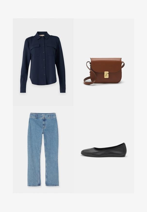 Navy blue button-up shirt made of soft fabric. Features two chest pockets, shoulder epaulets, and long sleeves with buttoned cuffs.; White short-sleeve t-shirt made of ribbed fabric. Round neckline, regular fit, and subtle stitching details. No patterns or graphics.; Light blue straight-leg denim jeans with button and zipper closure, belt loops, and standard stitching on a white background.; Black leather ballet flat with a rounded toe, smooth texture, minimal stitching detail, and a flexible sole design.; Brown leather handbag with a flap closure, gold-tone hardware, a shoulder strap, and a smooth texture. Compact rectangular shape.