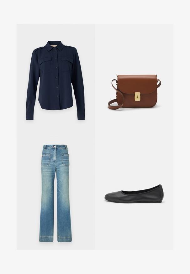 Granatowa koszula zapinana na guziki, wykonana z miękkiego materiału. Posiada dwie kieszenie na piersiach, pagony na ramionach oraz długie rękawy z guzikiem na mankietach.; Biała koszulka z długim rękawem wykonana z prążkowanej bawełny, z okrągłym dekoltem i prostym dołem. Prosty design bez wzorów i akcentów.; Jasnoniebieskie dżinsy w kształcie dzwonów z pięcioma kieszeniami, szlufkami na pasek, zapięciem na guzik i lekko wyblakłą teksturą, z czerwonym logotypem na tyle.; Czarne skórzane baletki z zaokrąglonym noskiem, gładką fakturą, minimalnymi przeszyciami i elastycznym designem podeszwy.; Brązowa skórzana torebka na ramię z klapką, złotymi detalami, paskiem na ramię i gładką teksturą. Kompaktowy prostokątny kształt.